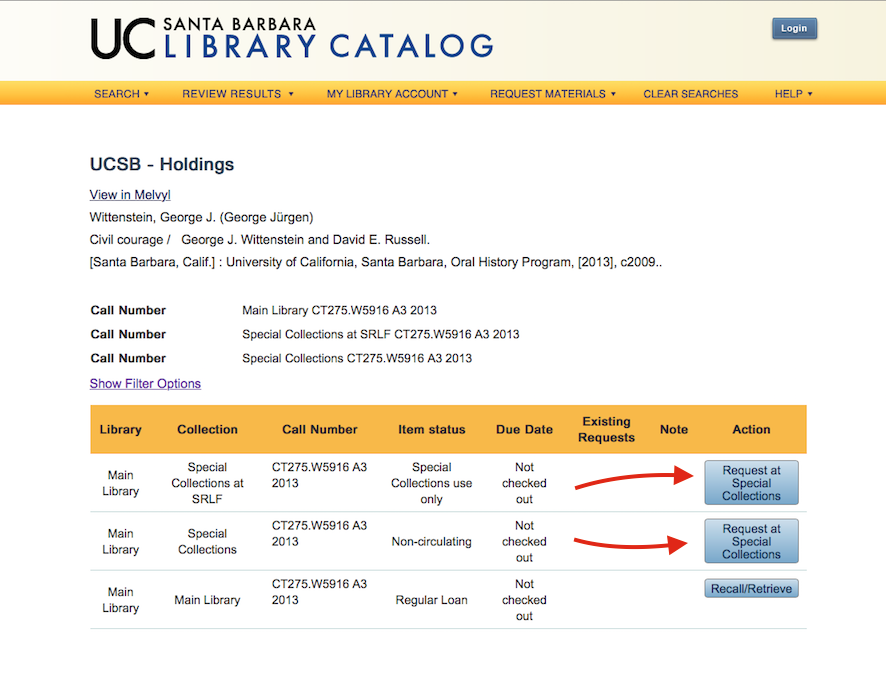 Holdings screen with buttons that link to Aeon screen shot